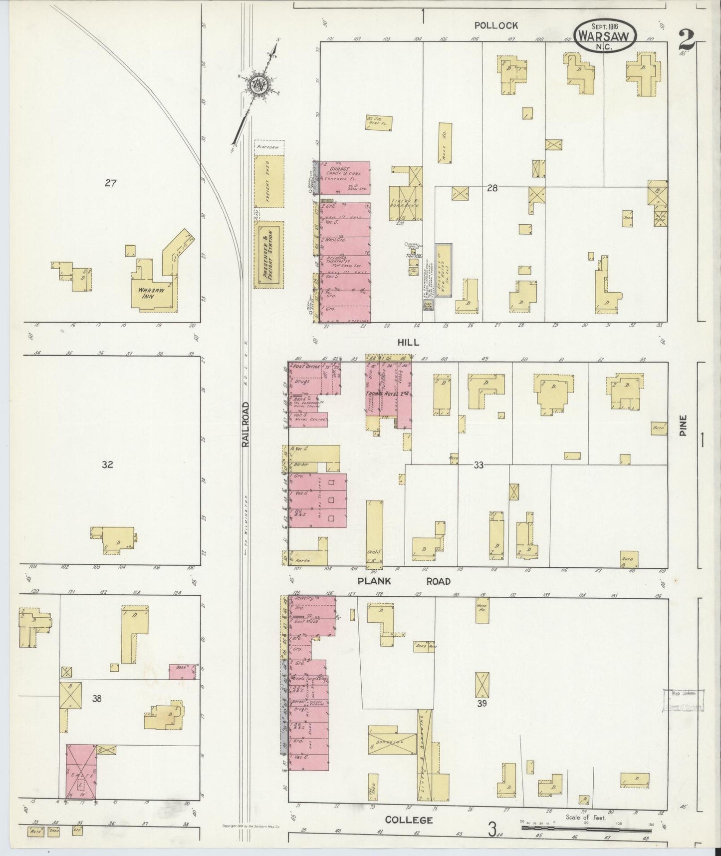 Sanborn Fire Insurance Map from Warsaw, Duplin County, North Carolina (1916), Sheet #0002 - Complete Map Set gallery image, historic Sanborn map, vintage wall art, North Carolina North Carolina