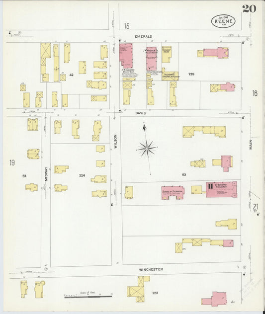 Sanborn Fire Insurance Map from Keene, Cheshire County, New Hampshire (1908), Sheet #0020 - Historic Sanborn Fire Insurance Map Print, vintage old map wall art, antique decor, genealogy gift, New Hampshire New Hampshire map