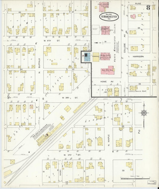 Sanborn Fire Insurance Map from North Manchester, Wabash County, Indiana (1914), Sheet #0008 - Historic Sanborn Fire Insurance Map Print, vintage old map wall art, antique decor, genealogy gift, Indiana Indiana map