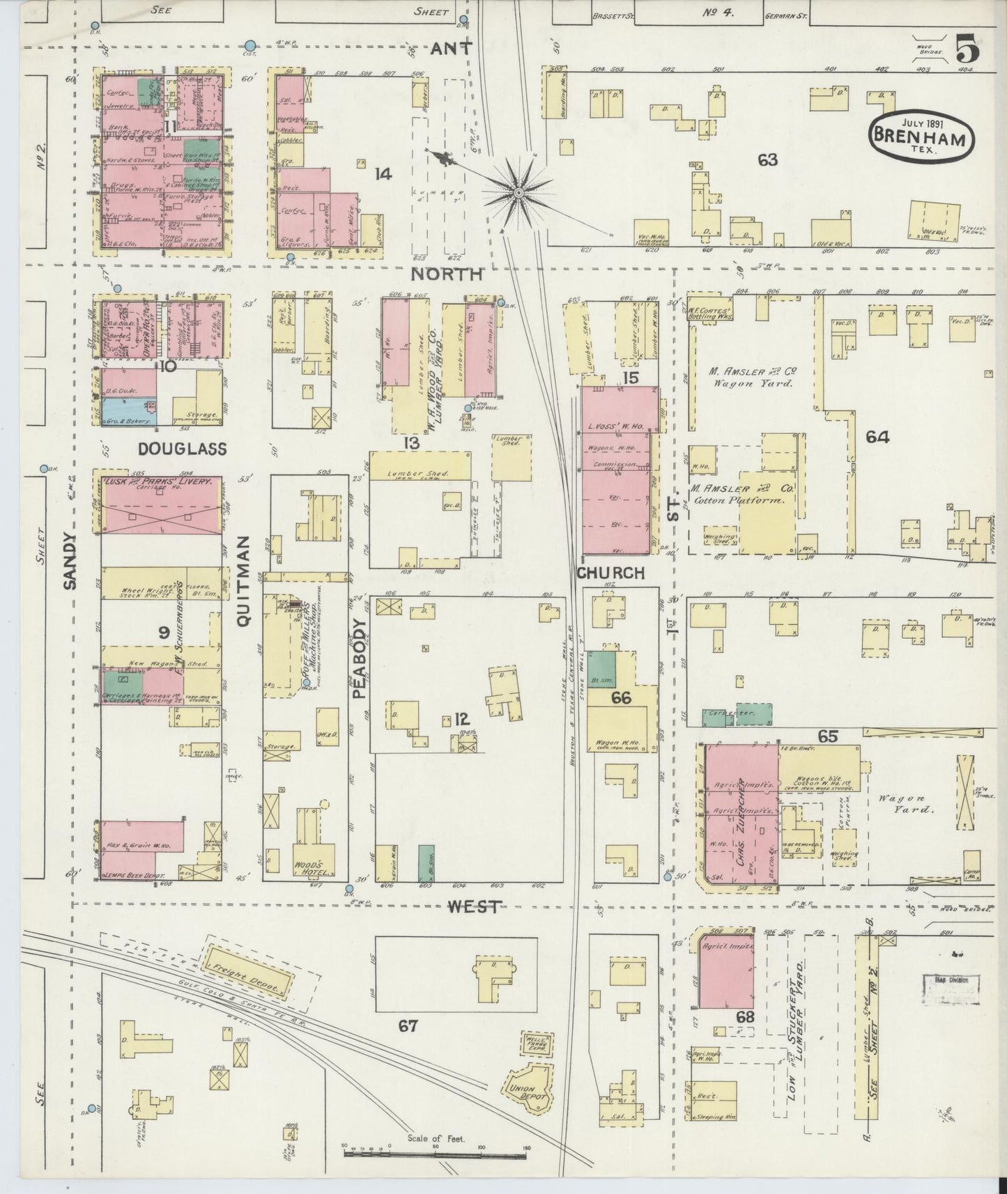 Sanborn Fire Insurance Map from Brenham, Washington County, Texas (1891), Sheet #0005 - Historic Sanborn Fire Insurance Map Print, vintage old map wall art, antique decor, genealogy gift, Texas Texas map