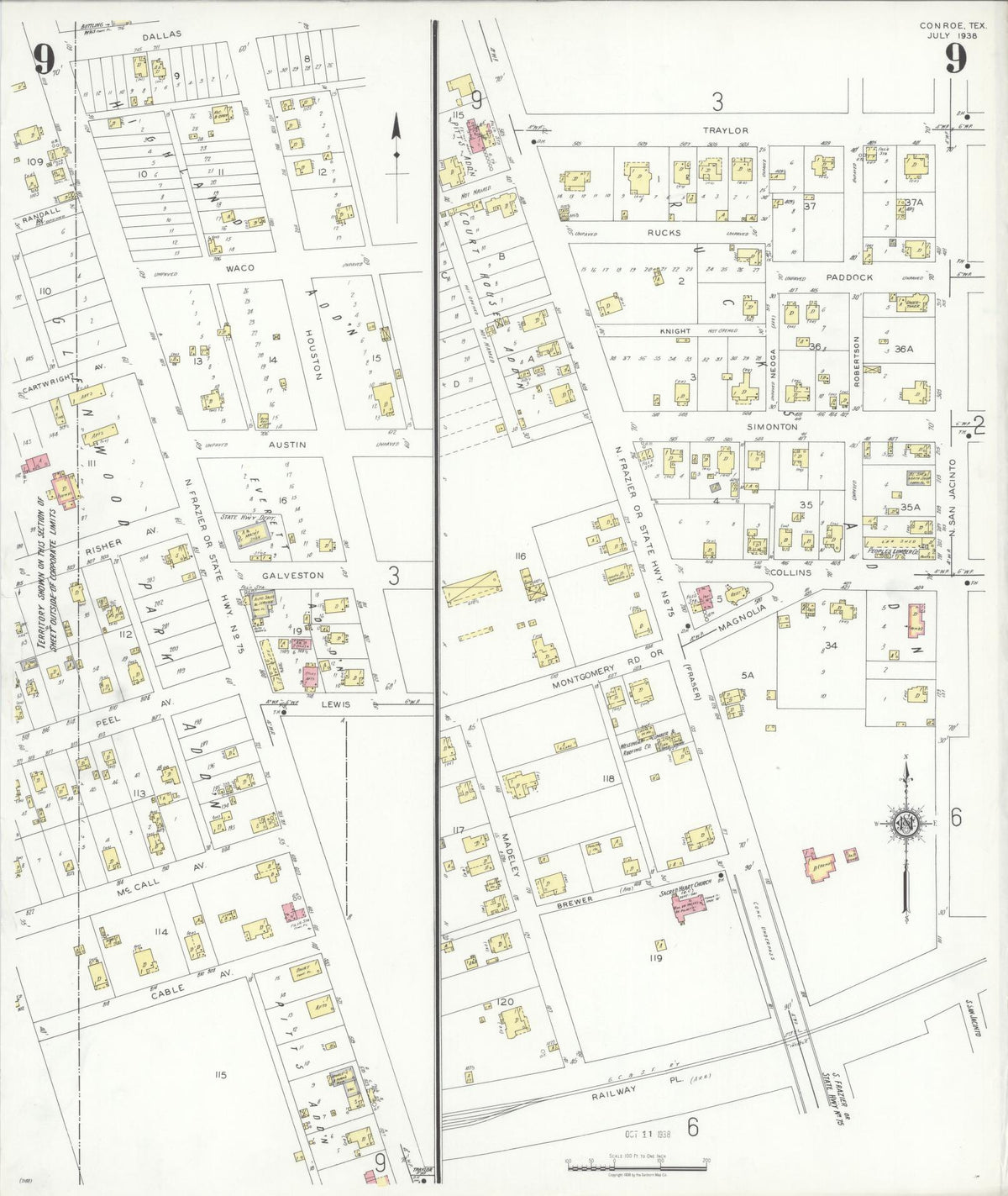 Sanborn Fire Insurance Map from Conroe, Montgomery County, Texas (1938), Sheet #0009 - Historic Sanborn Fire Insurance Map Print, vintage old map wall art, antique decor, genealogy gift, Texas Texas map