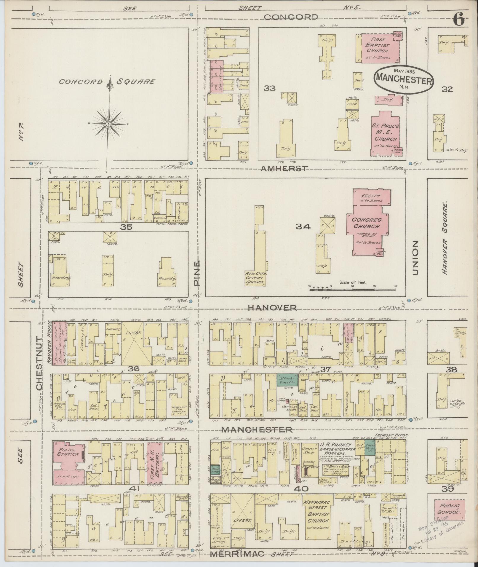 Sanborn Fire Insurance Map from Manchester, Hillsborough County, New Hampshire. (1885), Sheet 6 – Historic Sanborn Fire Insurance Map Print