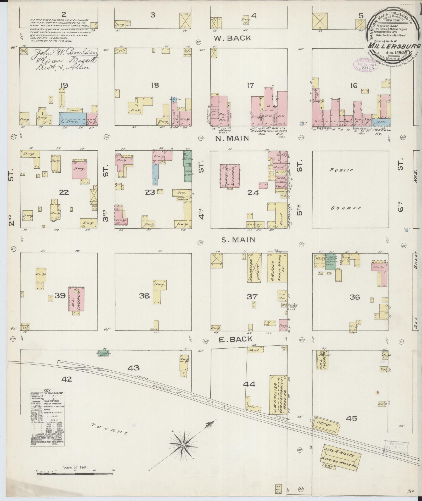 Sanborn Fire Insurance Map from Millersburg, Bourbon County, Kentucky (1886), Sheet #0001 - Historic Sanborn Fire Insurance Map Print, vintage old map wall art, antique decor, genealogy gift, Kentucky Kentucky map