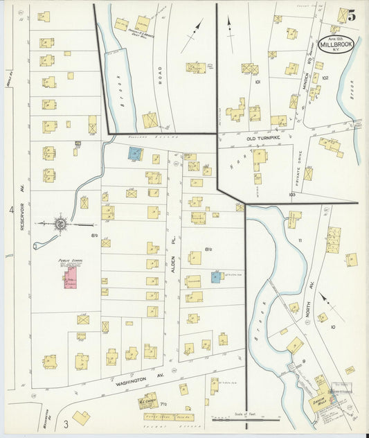 Sanborn Fire Insurance Map from Millbrook, Dutchess County, New York (1913), Sheet #0005 - Historic Sanborn Fire Insurance Map Print, vintage old map wall art, antique decor, genealogy gift, New York New York map