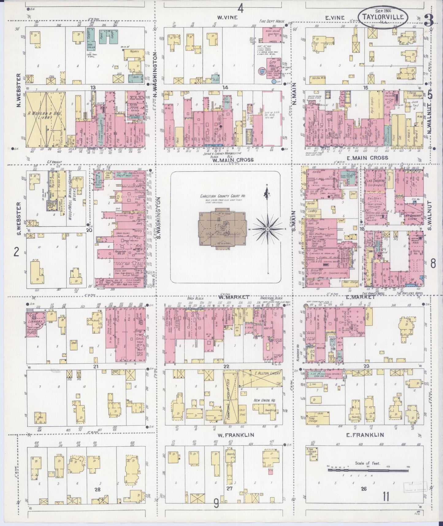 Sanborn Fire Insurance Map from Taylorville, Christian County, Illinois (1906), Sheet #0003 - Complete Map Set gallery image, historic Sanborn map, vintage wall art, Illinois Illinois