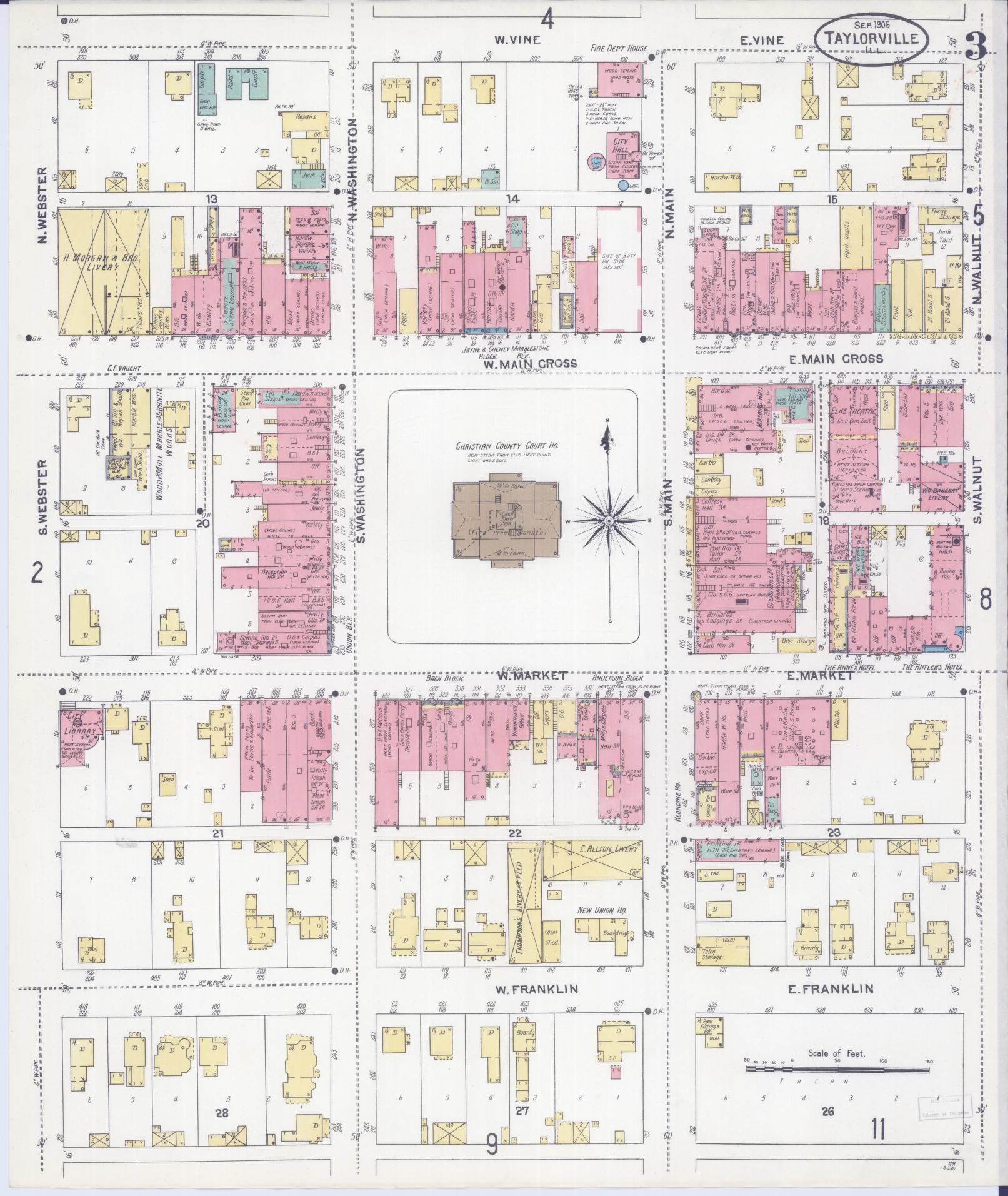 Sanborn Fire Insurance Map from Taylorville, Christian County, Illinois (1906), Sheet #0003 - Complete Map Set gallery image, historic Sanborn map, vintage wall art, Illinois Illinois