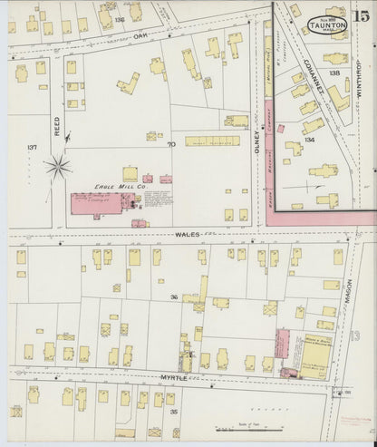 Sanborn Fire Insurance Map from Taunton, Bristol County, Massachusetts (1893), Sheet #0015 - Historic Sanborn Fire Insurance Map Print, vintage old map wall art, antique decor, genealogy gift, Massachusetts Massachusetts map