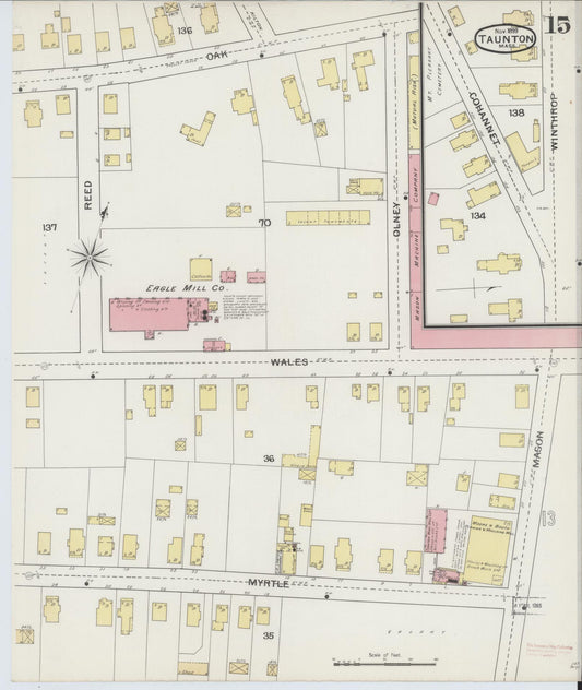 Sanborn Fire Insurance Map from Taunton, Bristol County, Massachusetts (1893), Sheet #0015 - Historic Sanborn Fire Insurance Map Print, vintage old map wall art, antique decor, genealogy gift, Massachusetts Massachusetts map