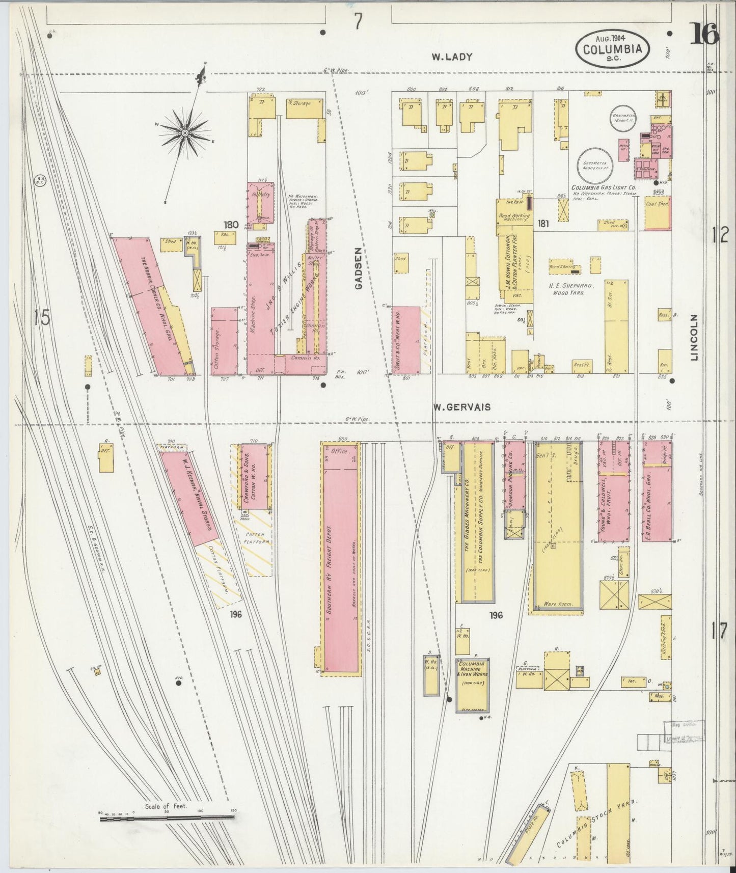 Sanborn Fire Insurance Map from Columbia, Richland County, South Carolina (1904), Sheet #0016 - Historic Sanborn Fire Insurance Map Print, vintage old map wall art, antique decor, genealogy gift, South Carolina South Carolina map