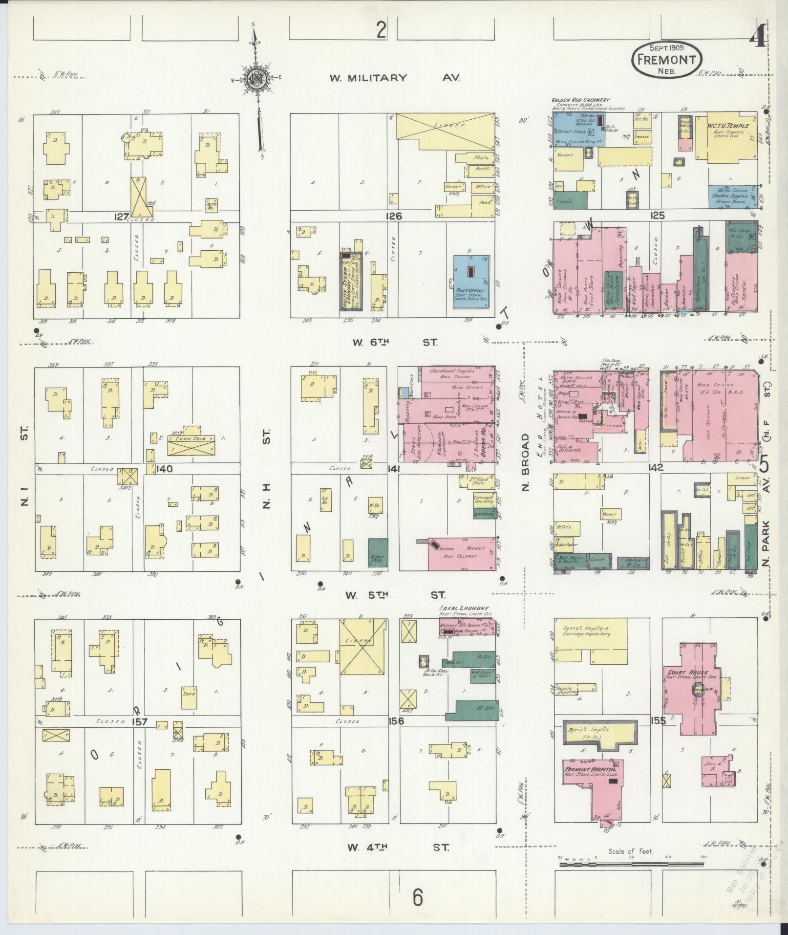 Sanborn Fire Insurance Map from Fremont, Dodge County, Nebraska (1909), Sheet #0004 - Historic Sanborn Fire Insurance Map Print, vintage old map wall art, antique decor, genealogy gift, Nebraska Nebraska map