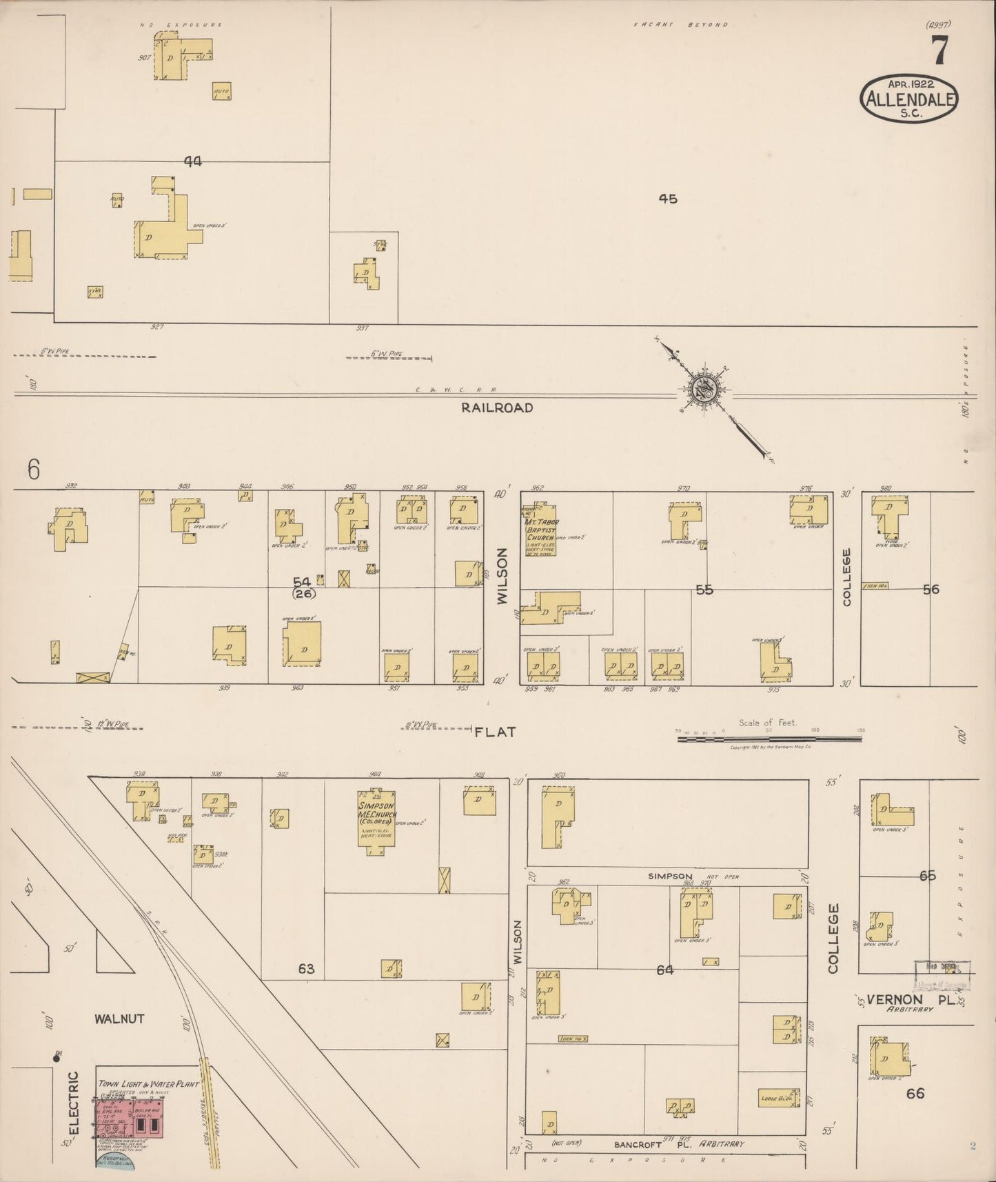 Sanborn Fire Insurance Map from Allendale, Allendale County, South Carolina (1922), Sheet #0007 - Complete Map Set gallery image, historic Sanborn map, vintage wall art, South Carolina South Carolina