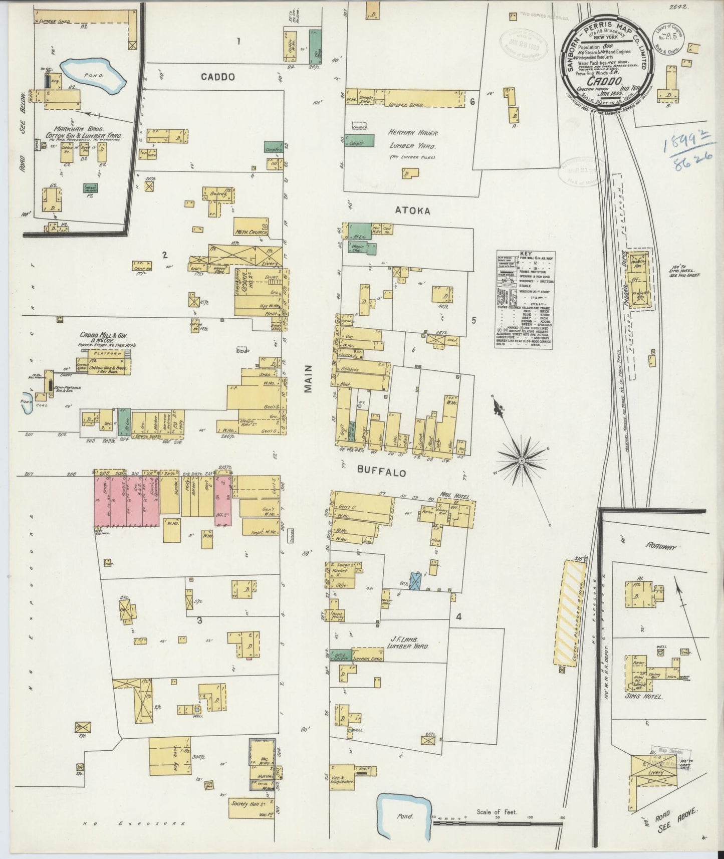 Sanborn Fire Insurance Map from Caddo, Bryan County, Oklahoma (1899), Sheet #0001 - Historic Sanborn Fire Insurance Map Print, vintage old map wall art, antique decor, genealogy gift, Oklahoma Oklahoma map