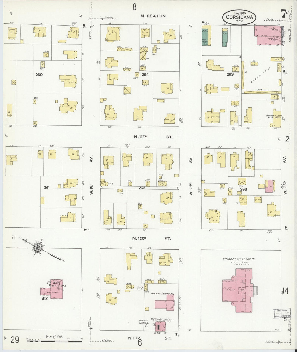 Sanborn Fire Insurance Map from Corsicana, Navarro County, Texas (1910), Sheet #0007 - Complete Map Set gallery image, historic Sanborn map, vintage wall art, Texas Texas