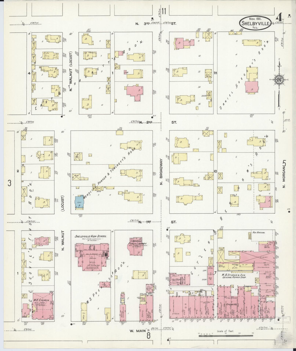 Sanborn Fire Insurance Map from Shelbyville, Shelby County, Illinois (1911), Sheet #0004 - Historic Sanborn Fire Insurance Map Print, vintage old map wall art, antique decor, genealogy gift, Illinois Illinois map