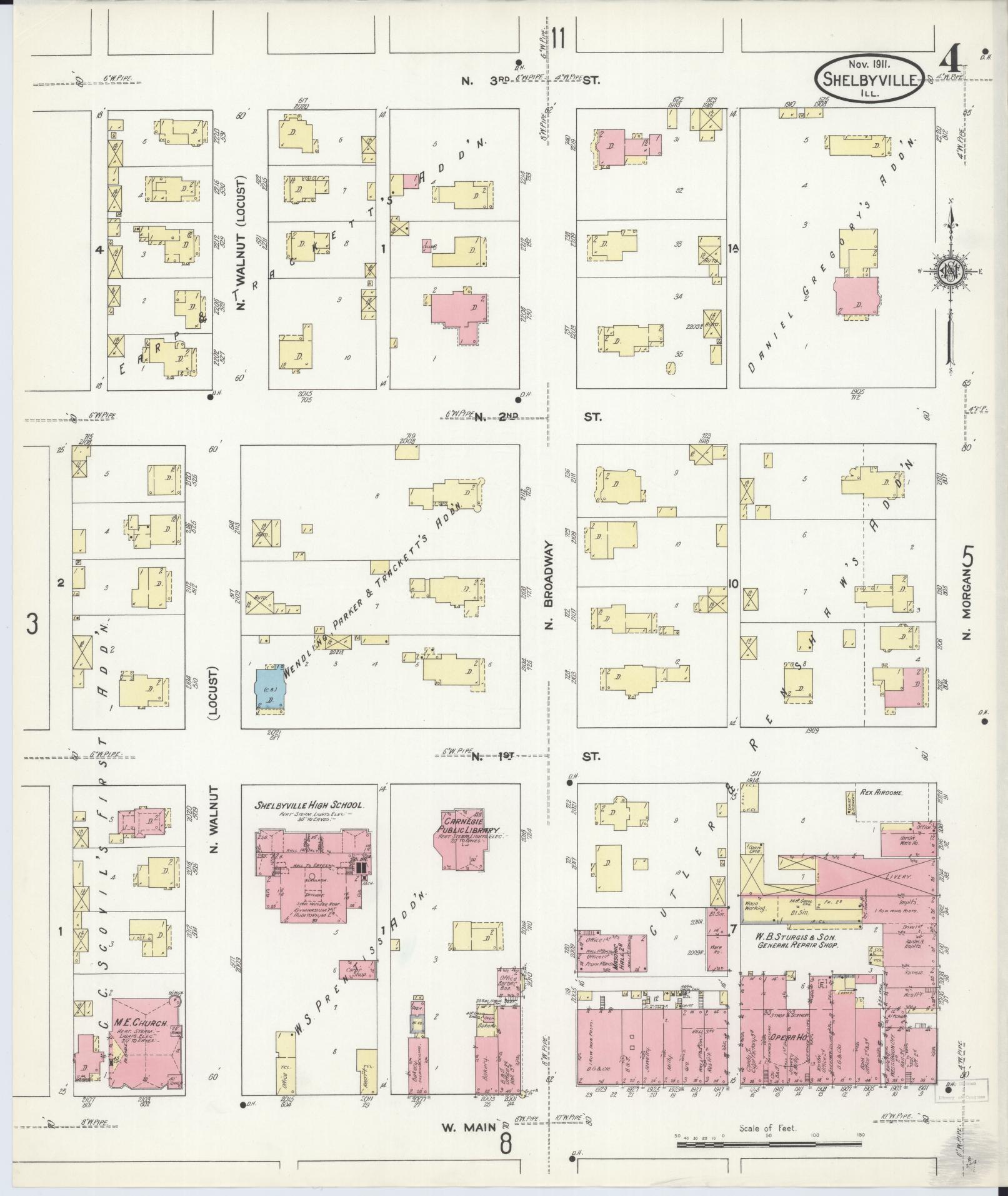 Sanborn Fire Insurance Map from Shelbyville, Shelby County, Illinois (1911), Sheet #0004 - Historic Sanborn Fire Insurance Map Print, vintage old map wall art, antique decor, genealogy gift, Illinois Illinois map