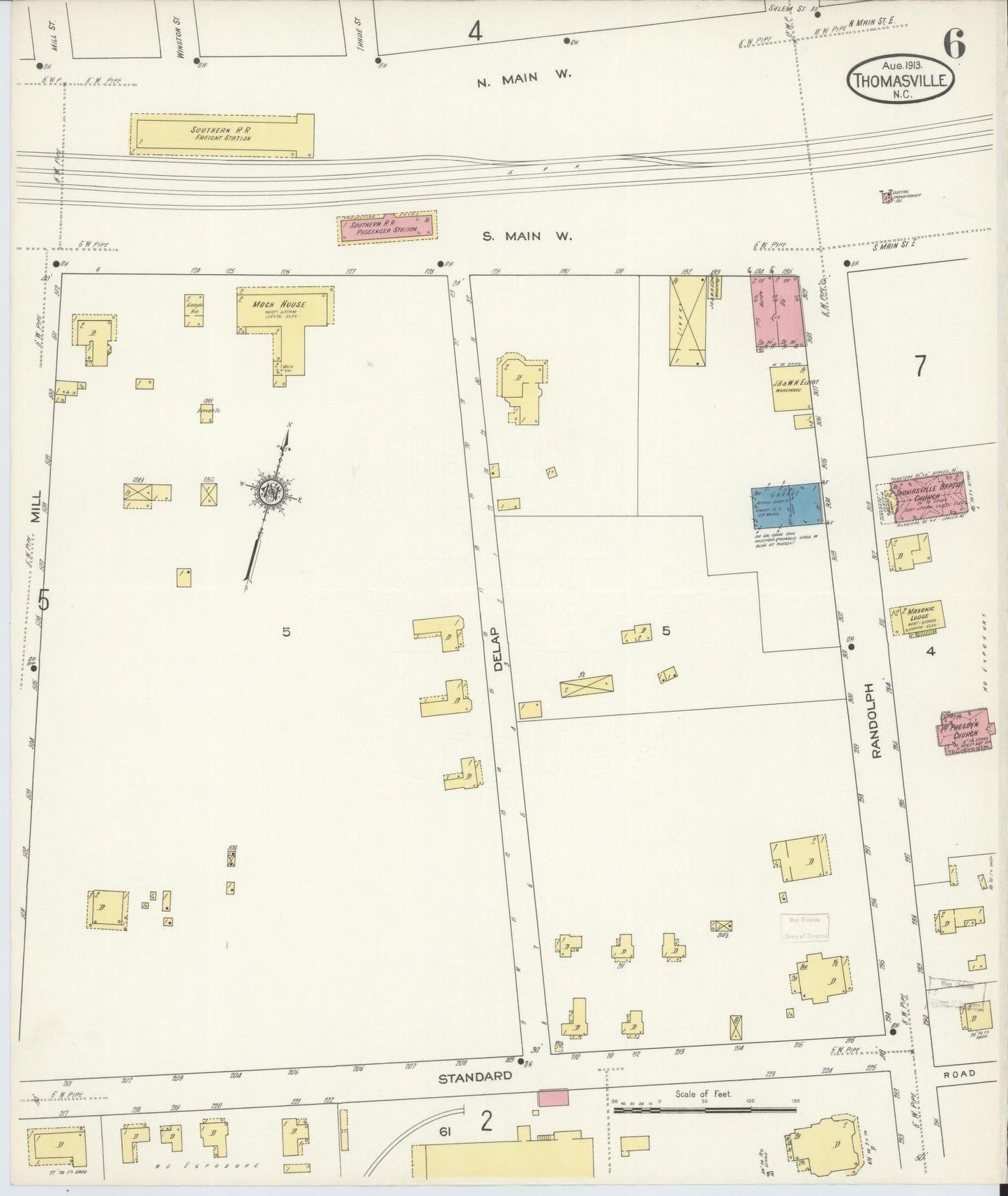 Sanborn Fire Insurance Map from Thomasville, Davidson County, North Carolina (1913), Sheet #0006 - Historic Sanborn Fire Insurance Map Print, vintage old map wall art, antique decor, genealogy gift, North Carolina North Carolina map