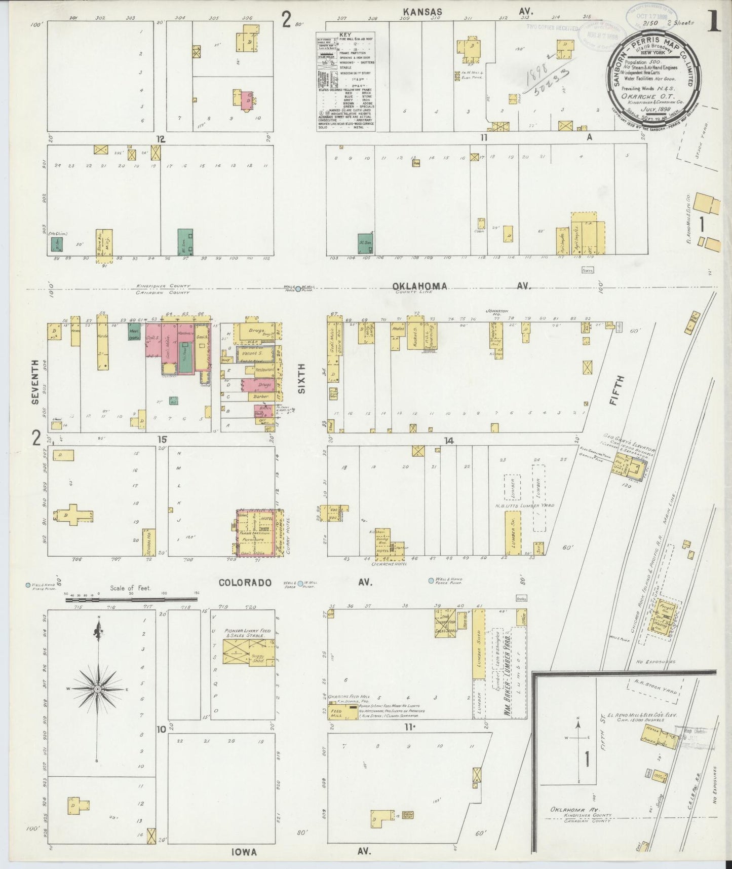 Sanborn Fire Insurance Map from Okarche, Kingfisher and Canadian Counties, Oklahoma (1898), Sheet #0001 - Historic Sanborn Fire Insurance Map Print, vintage old map wall art, antique decor, genealogy gift, Oklahoma Oklahoma map