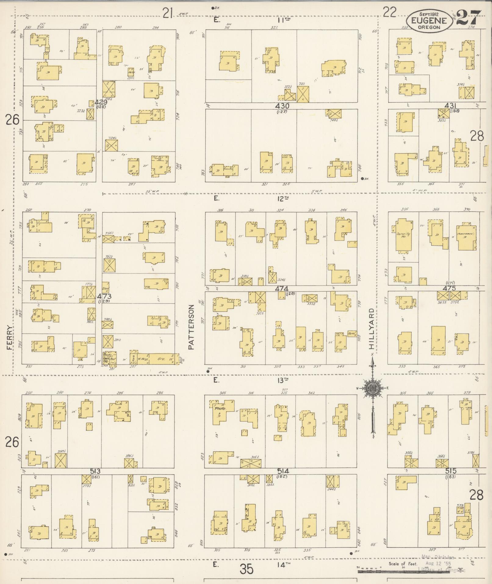 Sanborn Fire Insurance Map from Eugene, Lane County, Oregon (1912), Sheet #0027 - Complete Map Set gallery image, historic Sanborn map, vintage wall art, Oregon Oregon