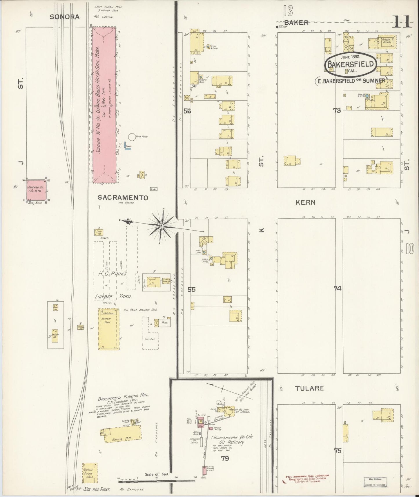 Sanborn Fire Insurance Map from Bakersfield, Kern County, California (1892), Sheet #0011 - Historic Sanborn Fire Insurance Map Print, vintage old map wall art, antique decor, genealogy gift, California California map