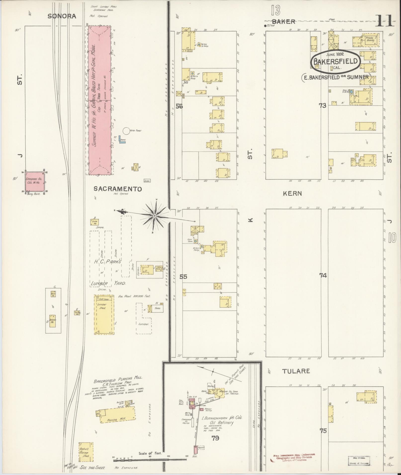 Sanborn Fire Insurance Map from Bakersfield, Kern County, California (1892), Sheet #0011 - Historic Sanborn Fire Insurance Map Print, vintage old map wall art, antique decor, genealogy gift, California California map