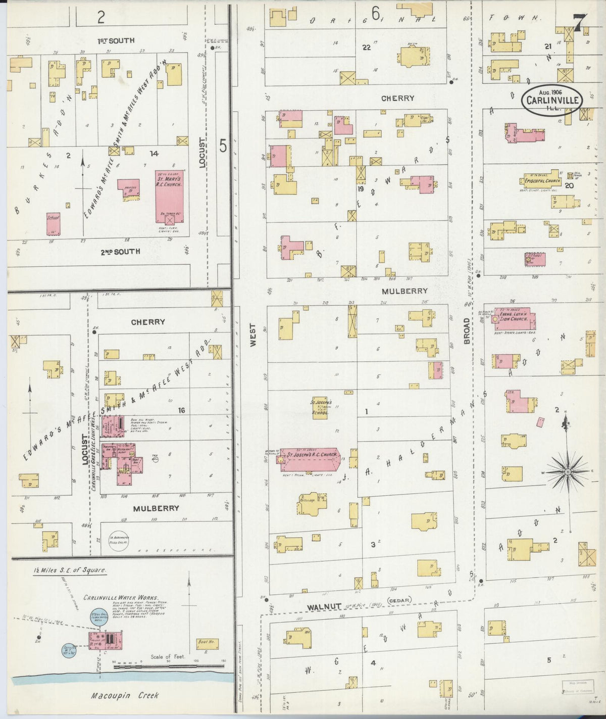 Sanborn Fire Insurance Map from Carlinville, Macoupin County, Illinois (1906), Sheet #0007 - Complete Map Set gallery image, historic Sanborn map, vintage wall art, Illinois Illinois