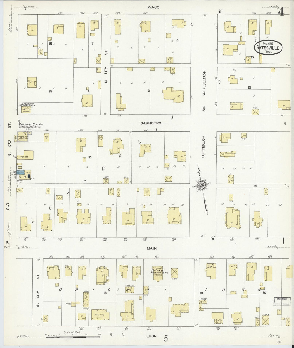 Sanborn Fire Insurance Map from Gatesville, Coryell County, Texas (1912), Sheet #0004 - Complete Map Set gallery image, historic Sanborn map, vintage wall art, Texas Texas