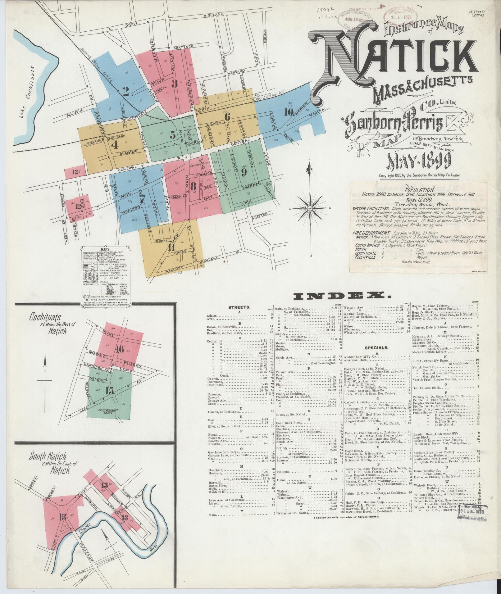 Sanborn Fire Insurance Map from Natick, Middlesex County, Massachusetts (1899), Sheet #0001 - Historic Sanborn Fire Insurance Map Print, vintage old map wall art, antique decor, genealogy gift, Massachusetts Massachusetts map