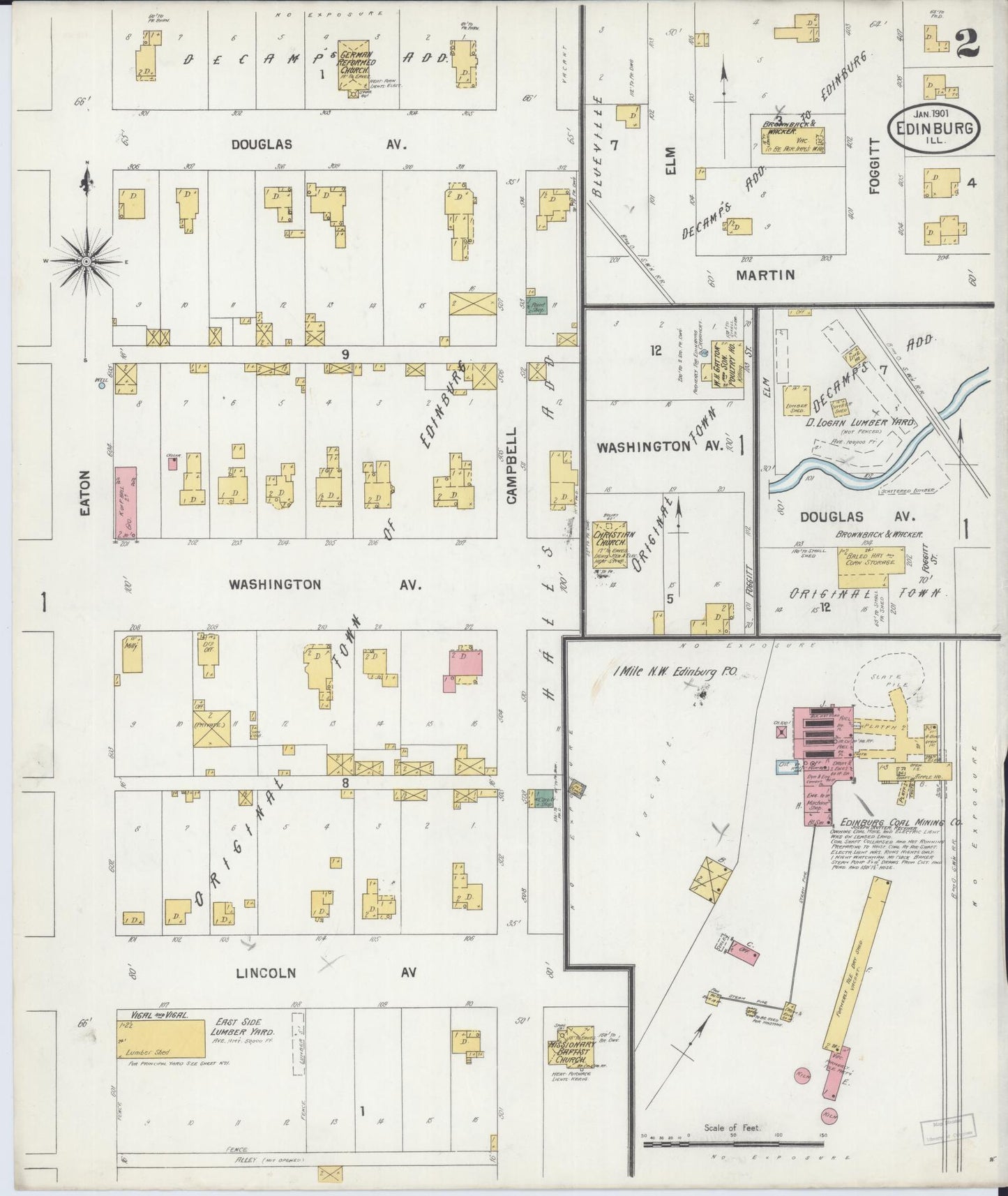 Sanborn Fire Insurance Map from Edinburgh, Christian County, Illinois (1901), Sheet #0002 - Historic Sanborn Fire Insurance Map Print, vintage old map wall art, antique decor, genealogy gift, Illinois Illinois map