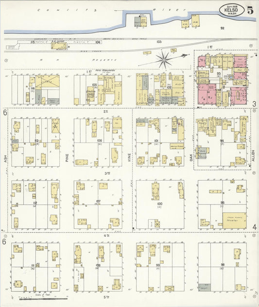 Sanborn Fire Insurance Map from Kelso, Cowlitz County, Washington (1908), Sheet #0005 - Historic Sanborn Fire Insurance Map Print, vintage old map wall art, antique decor, genealogy gift, Washington Washington map