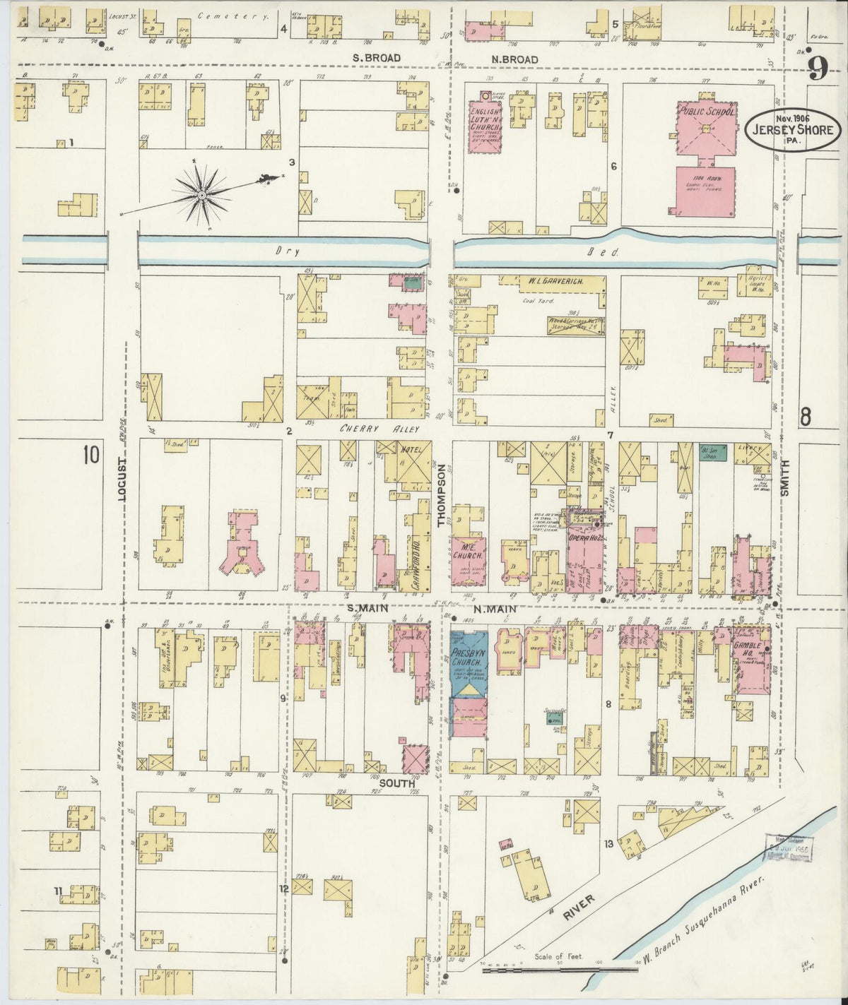 Sanborn Fire Insurance Map from Jersey Shore, Lycoming County, Pennsylvania (1906), Sheet #0009 - Historic Sanborn Fire Insurance Map Print, vintage old map wall art, antique decor, genealogy gift, Pennsylvania Pennsylvania map