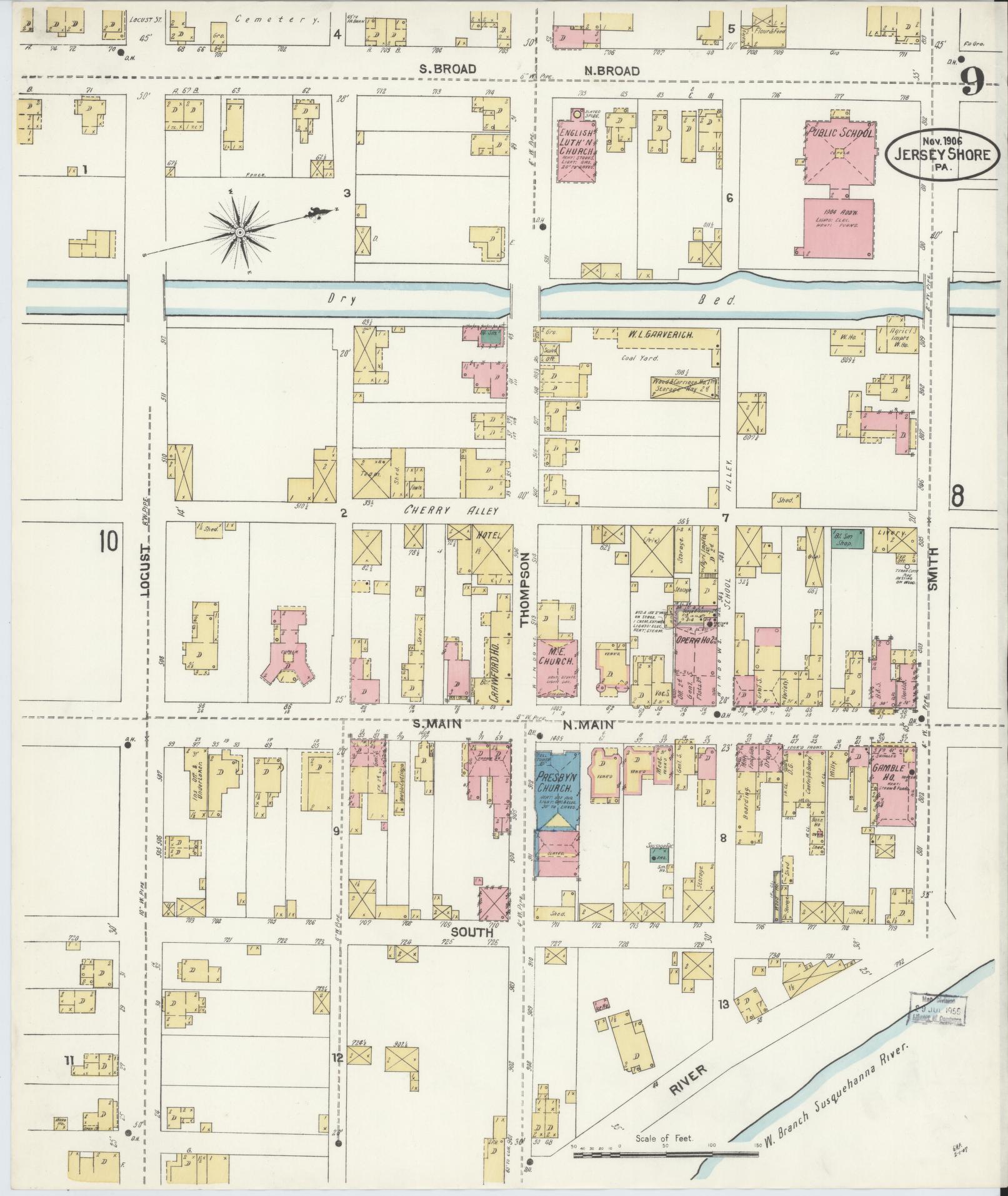Sanborn Fire Insurance Map from Jersey Shore, Lycoming County, Pennsylvania (1906), Sheet #0009 - Historic Sanborn Fire Insurance Map Print, vintage old map wall art, antique decor, genealogy gift, Pennsylvania Pennsylvania map