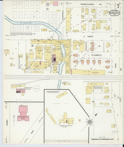 Sanborn Fire Insurance Map from Dowagiac, Cass County, Michigan (1908), Sheet #0007 - Complete Map Set gallery image, historic Sanborn map, vintage wall art, Michigan Michigan