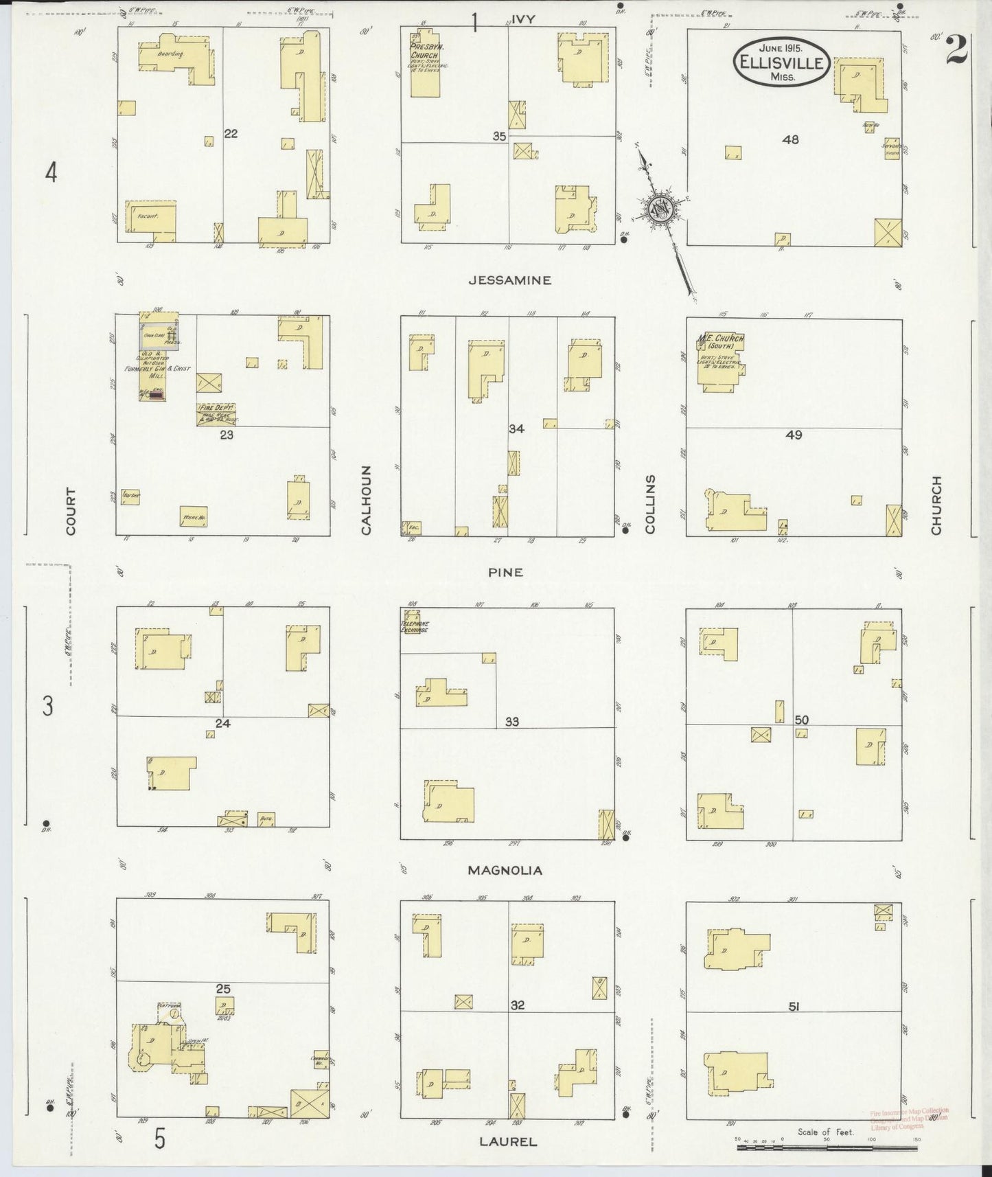 Sanborn Fire Insurance Map from Ellisville, Jones County, Mississippi (1915), Sheet #0002 - Complete Map Set gallery image, historic Sanborn map, vintage wall art, Mississippi Mississippi