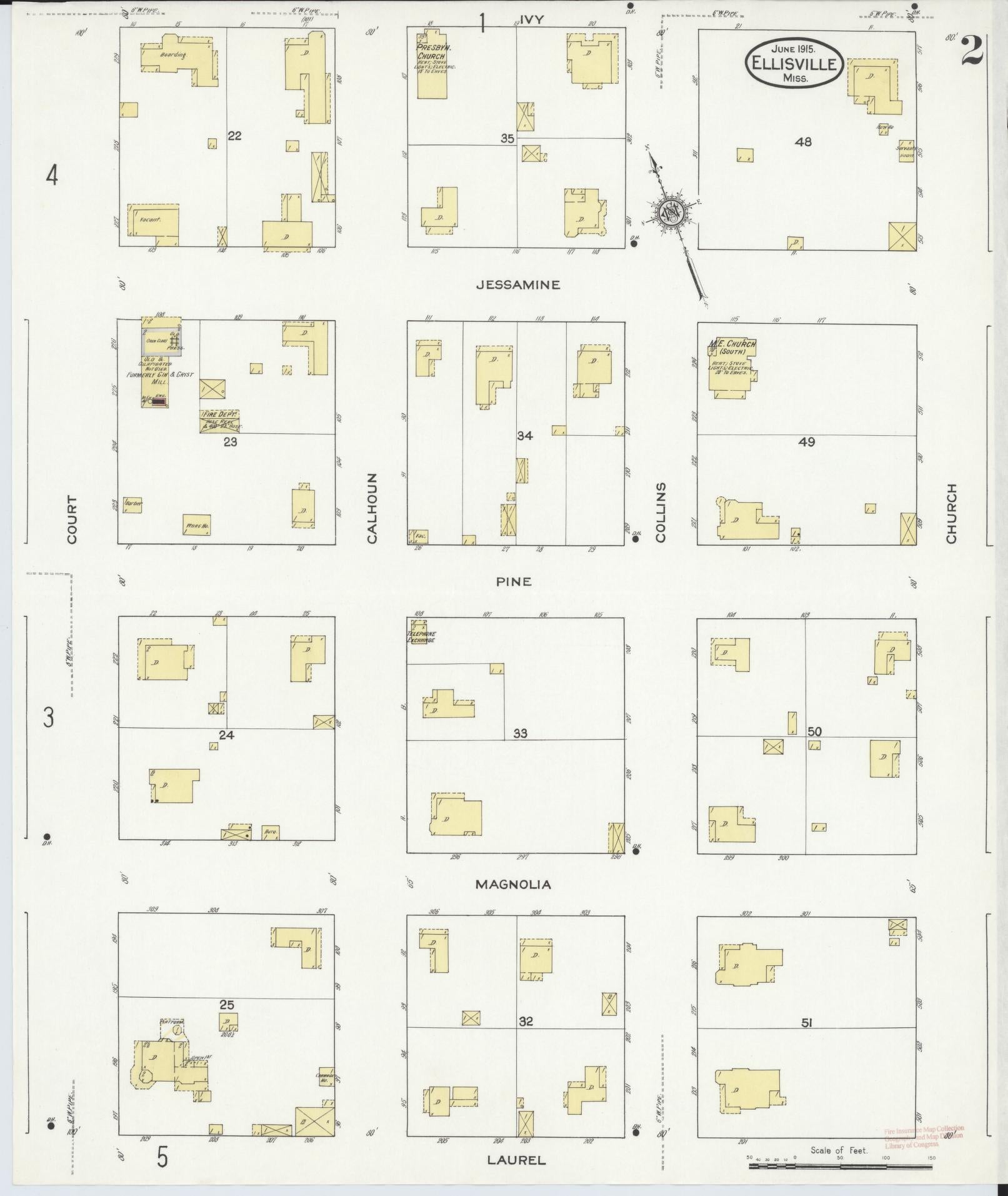 Sanborn Fire Insurance Map from Ellisville, Jones County, Mississippi (1915), Sheet #0002 - Complete Map Set gallery image, historic Sanborn map, vintage wall art, Mississippi Mississippi