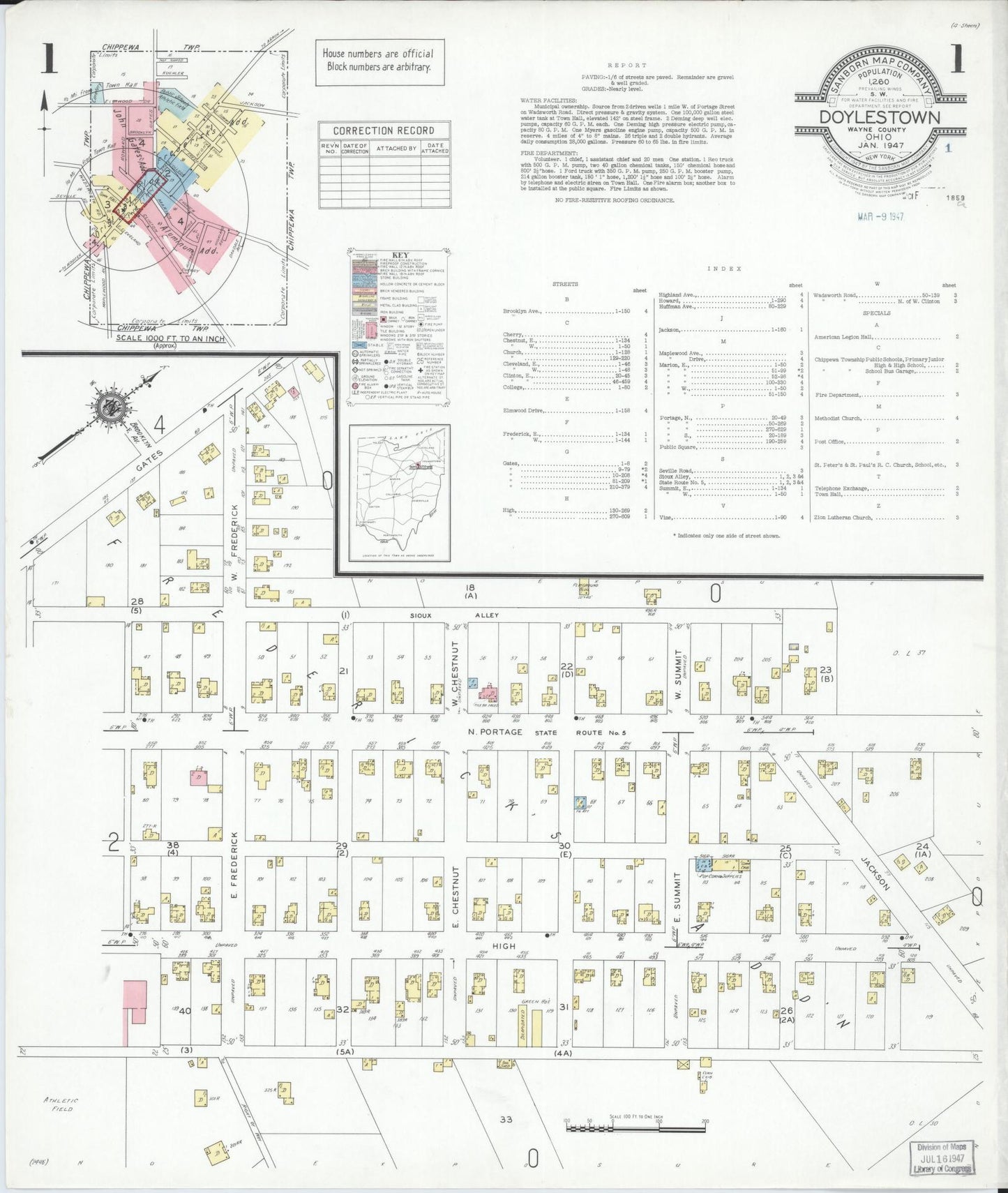 Sanborn Fire Insurance Map from Doylestown, Wayne County, Ohio (1947), Sheet #0001 - Historic Sanborn Fire Insurance Map Print, vintage old map wall art, antique decor, genealogy gift, Ohio Ohio map