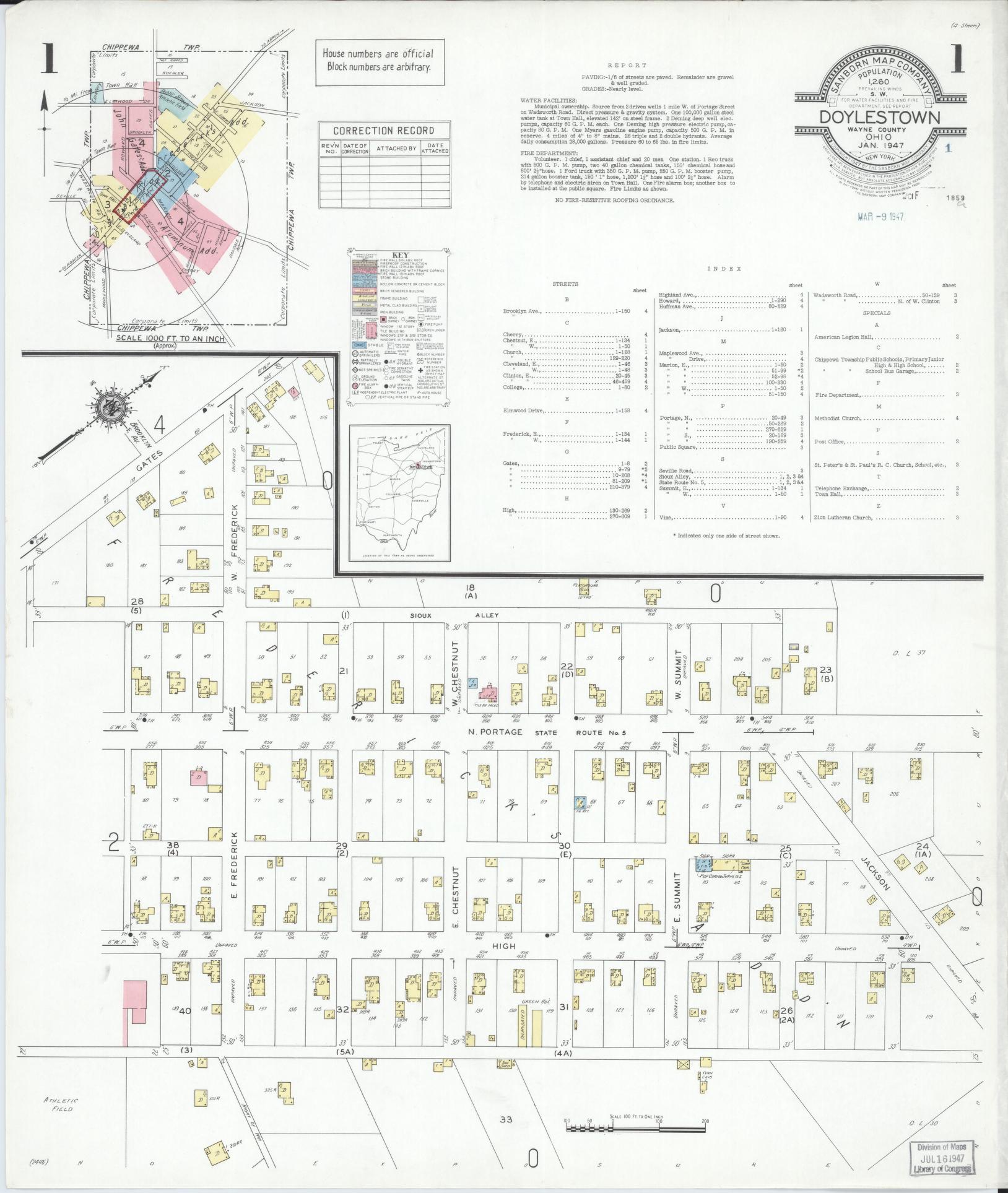 Sanborn Fire Insurance Map from Doylestown, Wayne County, Ohio (1947), Sheet #0001 - Historic Sanborn Fire Insurance Map Print, vintage old map wall art, antique decor, genealogy gift, Ohio Ohio map