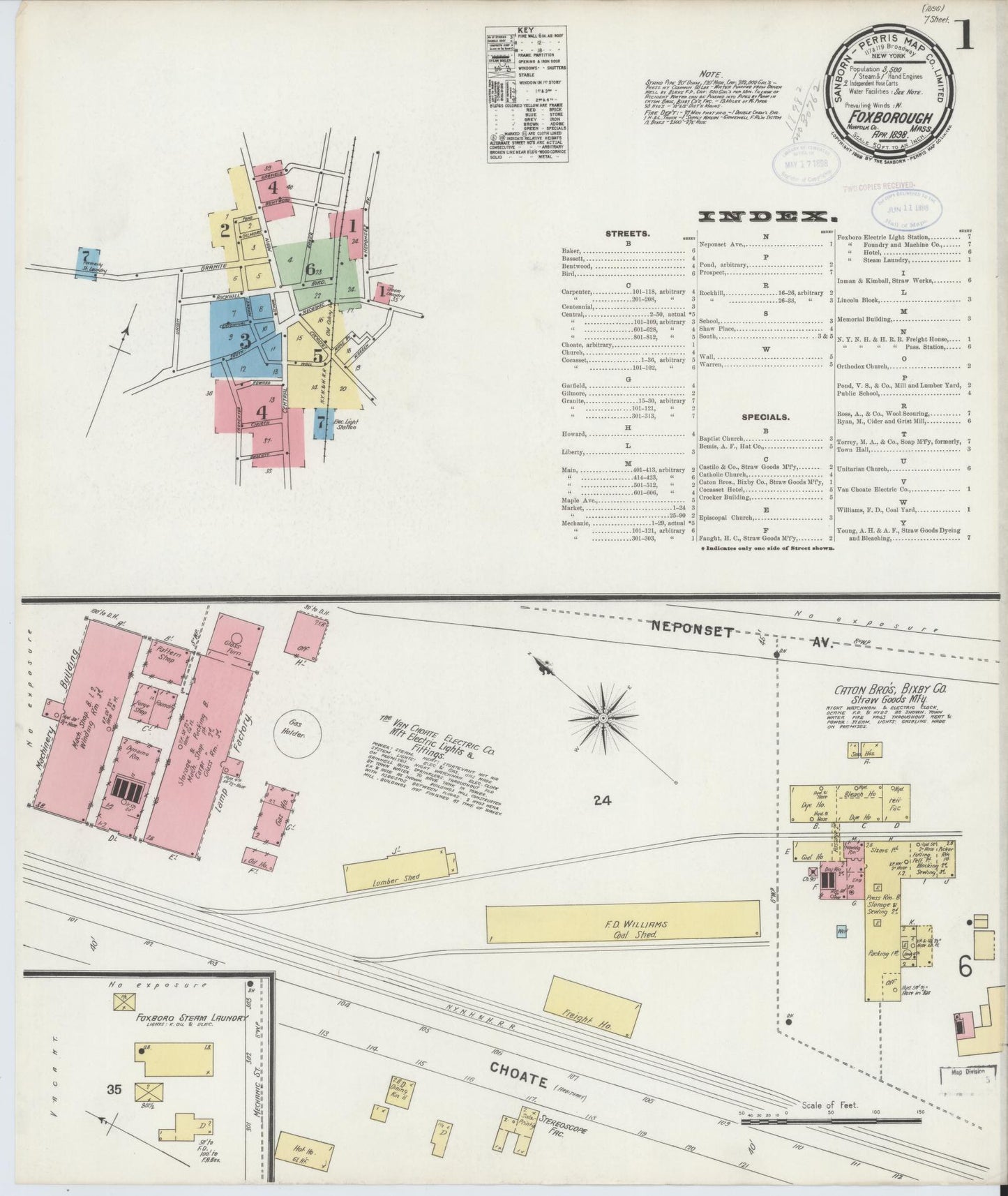 Sanborn Fire Insurance Map from Foxboro, Norfolk County, Massachusetts (1898), Sheet #0001 - Complete Map Set gallery image, historic Sanborn map, vintage wall art, Massachusetts Massachusetts