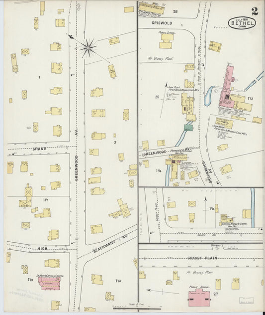 Sanborn Fire Insurance Map from Bethel, Fairfield County, Connecticut (1895), Sheet #0002 - Historic Sanborn Fire Insurance Map Print, vintage old map wall art, antique decor, genealogy gift, Connecticut Connecticut map