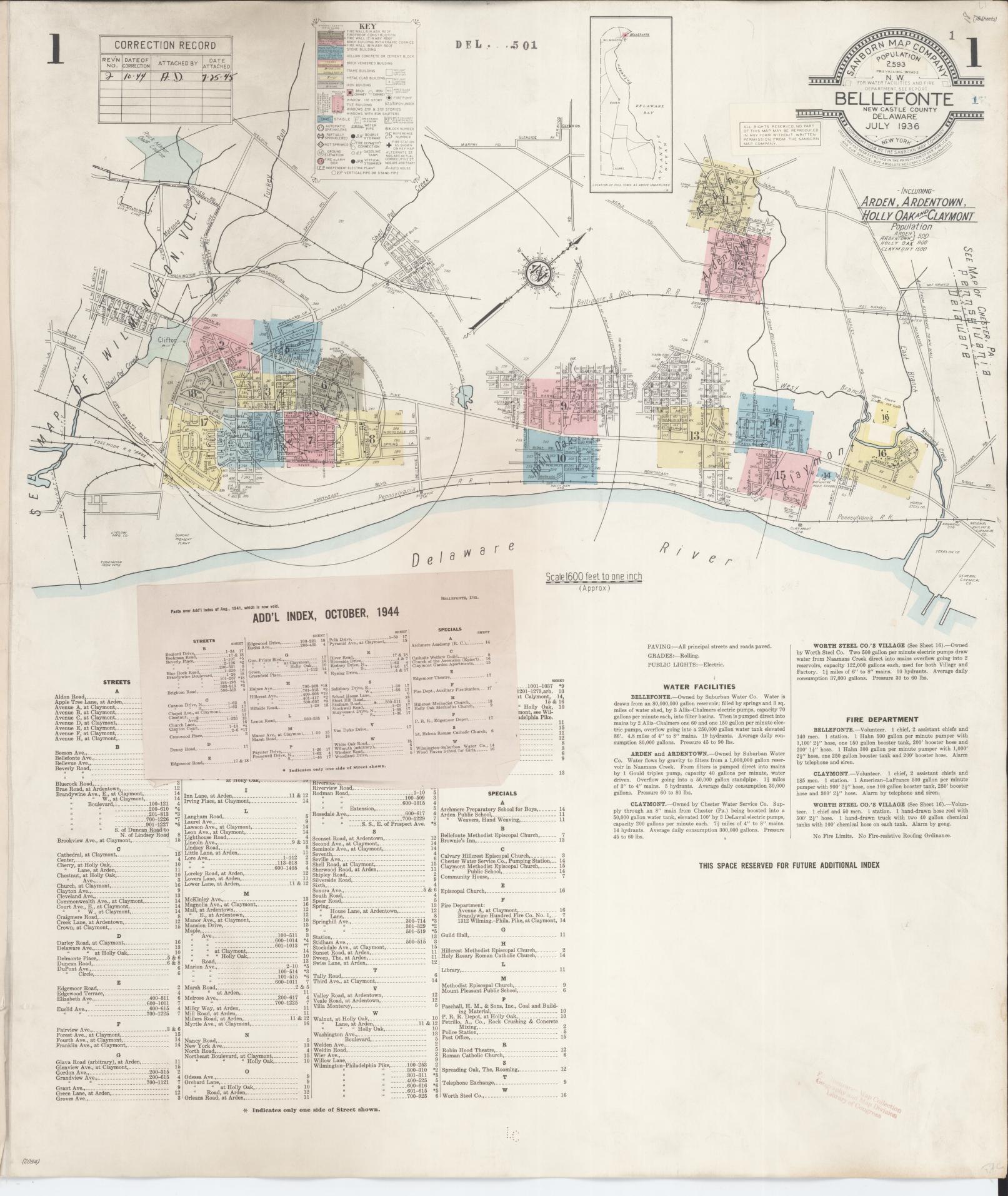 Sanborn Fire Insurance Map from Bellefonte, New Castle County, Delaware (1944), Sheet #0001 - Historic Sanborn Fire Insurance Map Print, vintage old map wall art, antique decor, genealogy gift, Delaware Delaware map
