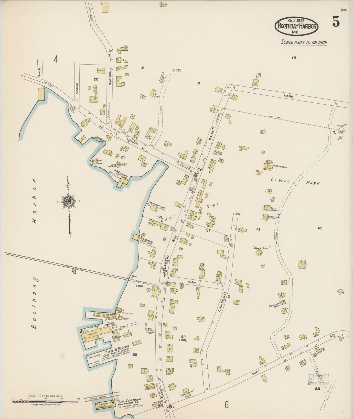 Sanborn Fire Insurance Map from Boothbay Harbor, Lincoln County, Maine (1922), Sheet #0005 - Historic Sanborn Fire Insurance Map Print, vintage old map wall art, antique decor, genealogy gift, Maine Maine map