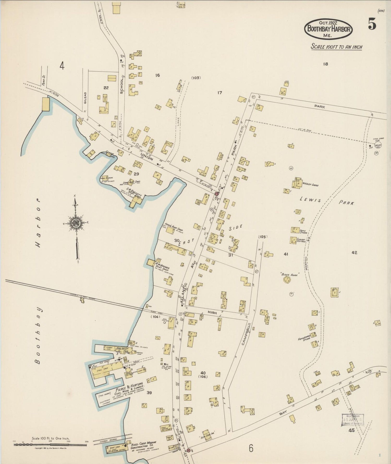 Sanborn Fire Insurance Map from Boothbay Harbor, Lincoln County, Maine (1922), Sheet #0005 - Historic Sanborn Fire Insurance Map Print, vintage old map wall art, antique decor, genealogy gift, Maine Maine map