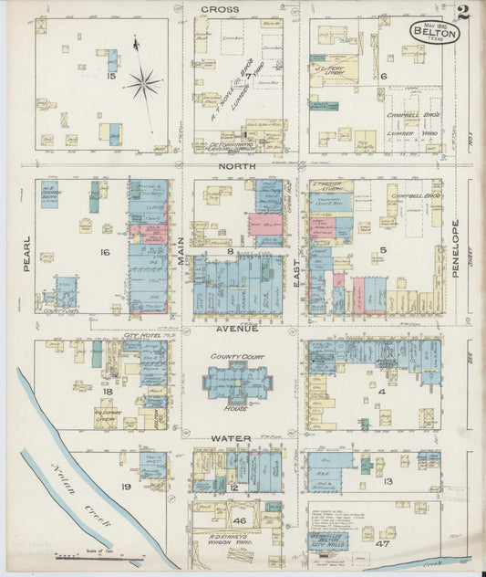 Sanborn Fire Insurance Map from Belton, Bell County, Texas (1885), Sheet #0002 - Historic Sanborn Fire Insurance Map Print, vintage old map wall art, antique decor, genealogy gift, Texas Texas map