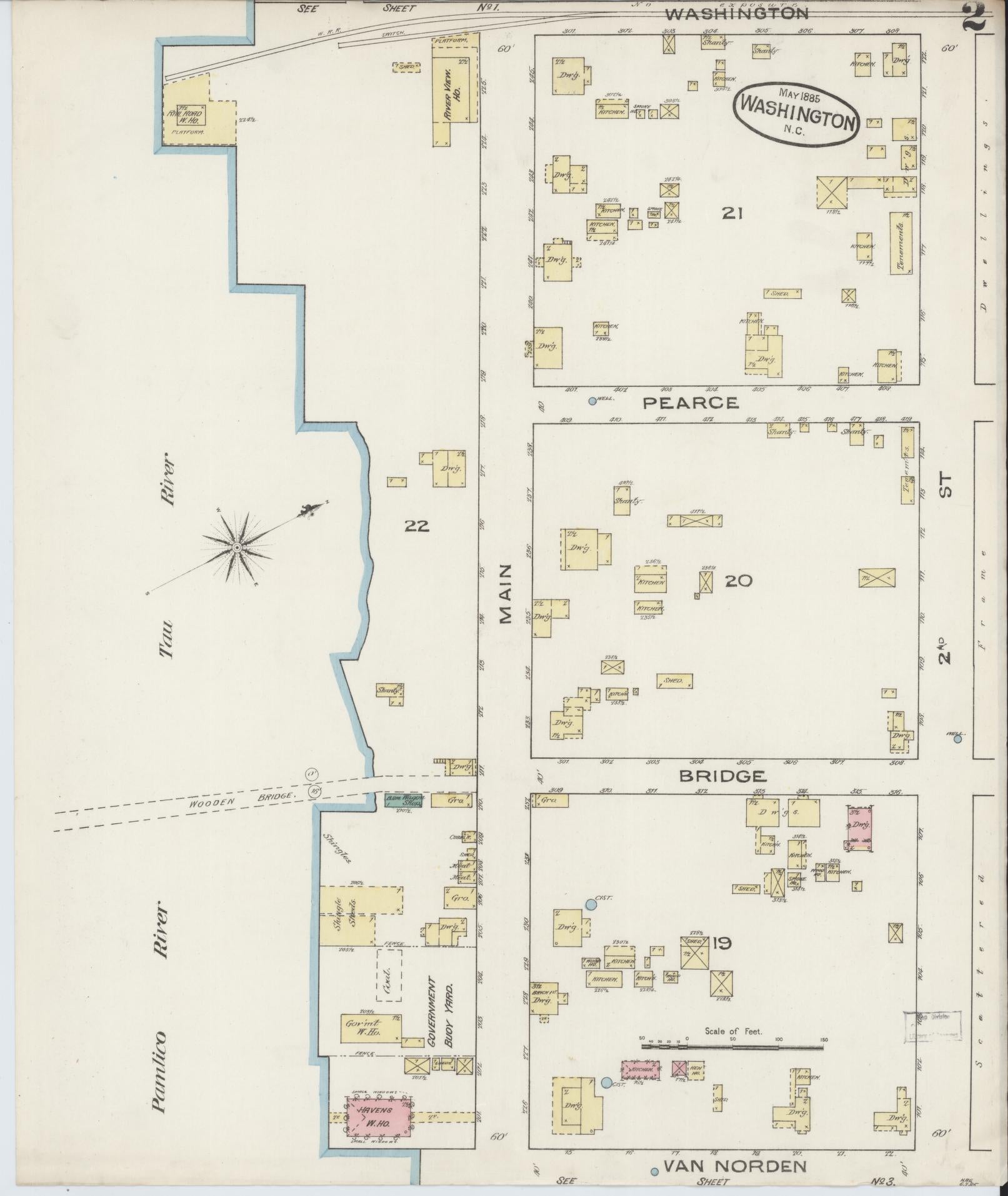 Sanborn Fire Insurance Map from Washington, Beaufort County, North Carolina (1885), Sheet #0002 - Complete Map Set gallery image, historic Sanborn map, vintage wall art, North Carolina North Carolina