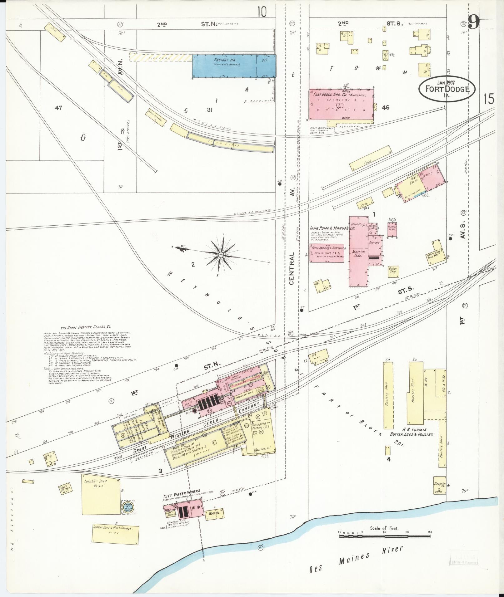 Sanborn Fire Insurance Map from Fort Dodge, Webster County, Iowa (1907), Sheet #0009 - Historic Sanborn Fire Insurance Map Print, vintage old map wall art
