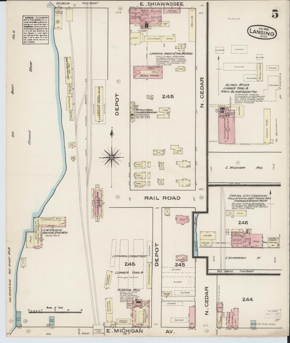 Sanborn Fire Insurance Map from Lansing, Ingham County, Michigan (1885), Sheet #0005 - Historic Sanborn Fire Insurance Map Print, vintage old map wall art, antique decor, genealogy gift, Michigan Michigan map