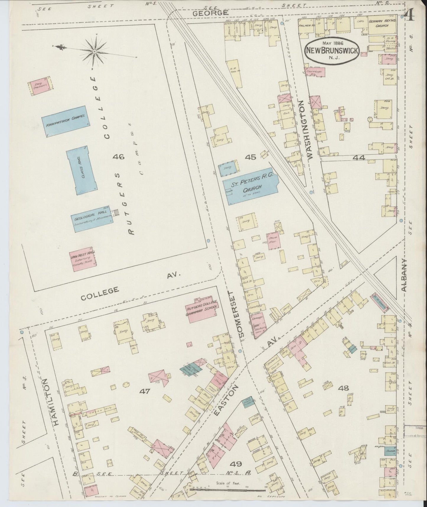 Sanborn Fire Insurance Map from New Brunswick, Middlesex County, New Jersey (1886), Sheet #0004 - Historic Sanborn Fire Insurance Map Print, vintage old map wall art, antique decor, genealogy gift, New Jersey New Jersey map