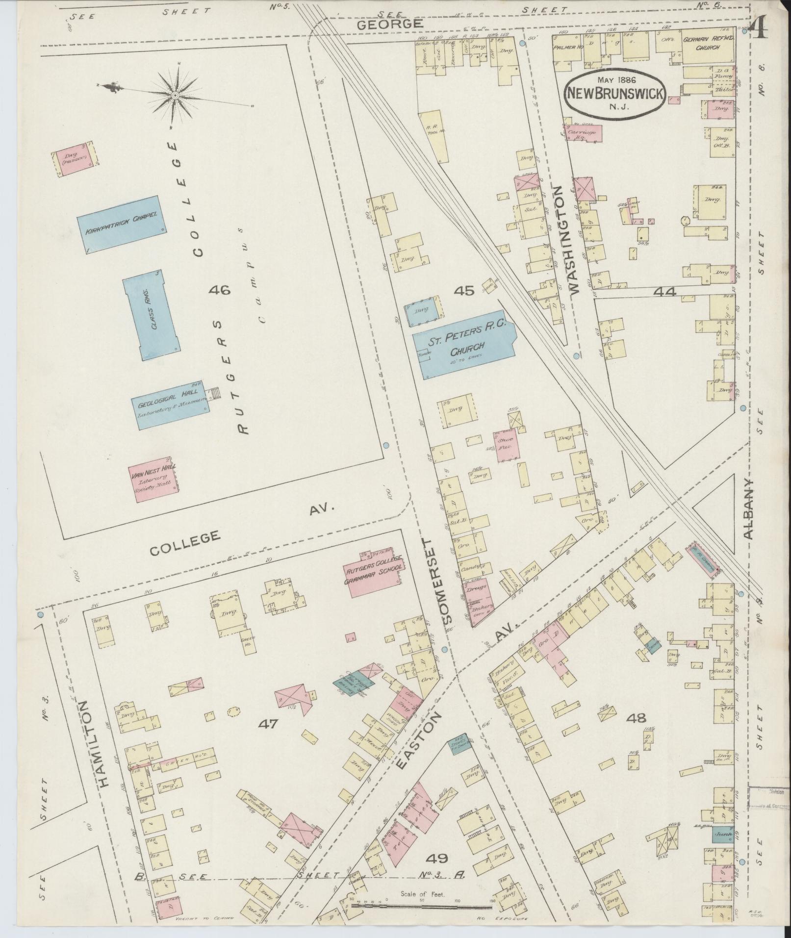 Sanborn Fire Insurance Map from New Brunswick, Middlesex County, New Jersey (1886), Sheet #0004 - Historic Sanborn Fire Insurance Map Print, vintage old map wall art, antique decor, genealogy gift, New Jersey New Jersey map