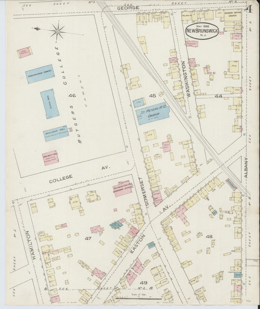 Sanborn Fire Insurance Map from New Brunswick, Middlesex County, New Jersey (1886), Sheet #0004 - Historic Sanborn Fire Insurance Map Print, vintage old map wall art, antique decor, genealogy gift, New Jersey New Jersey map