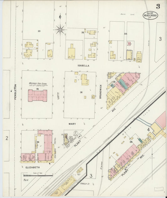 Sanborn Fire Insurance Map from Waycross, Ware County, Georgia (1897), Sheet #0003 - Historic Sanborn Fire Insurance Map Print, vintage old map wall art, antique decor, genealogy gift, Georgia Georgia map