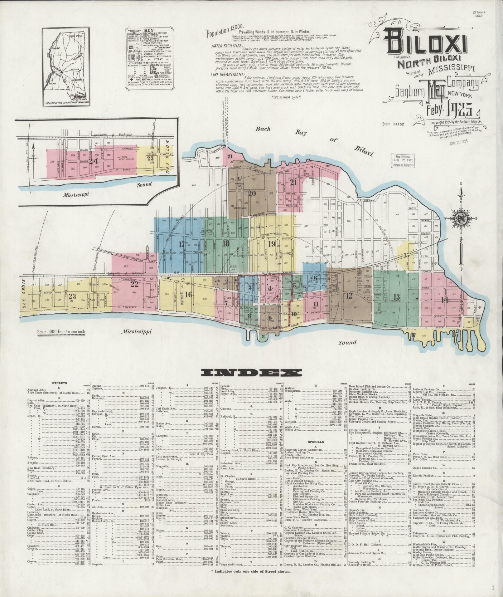 Sanborn Fire Insurance Map from Biloxi, Harrison County, Mississippi (1925), Sheet #0001 - Complete Map Set gallery image, historic Sanborn map, vintage wall art, Mississippi Mississippi